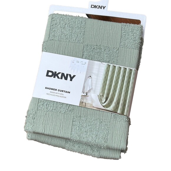 DKNY Fabric Shower Curtain Green Checkerboard Jacquard Textured New - Picture 3 of 4